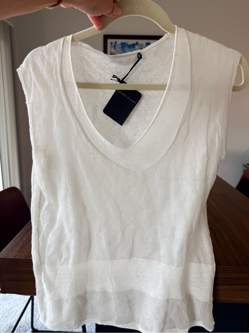 Fabiana Filippi Womens Ivory Feather Metallic Linen sleeveless top V Neck $875